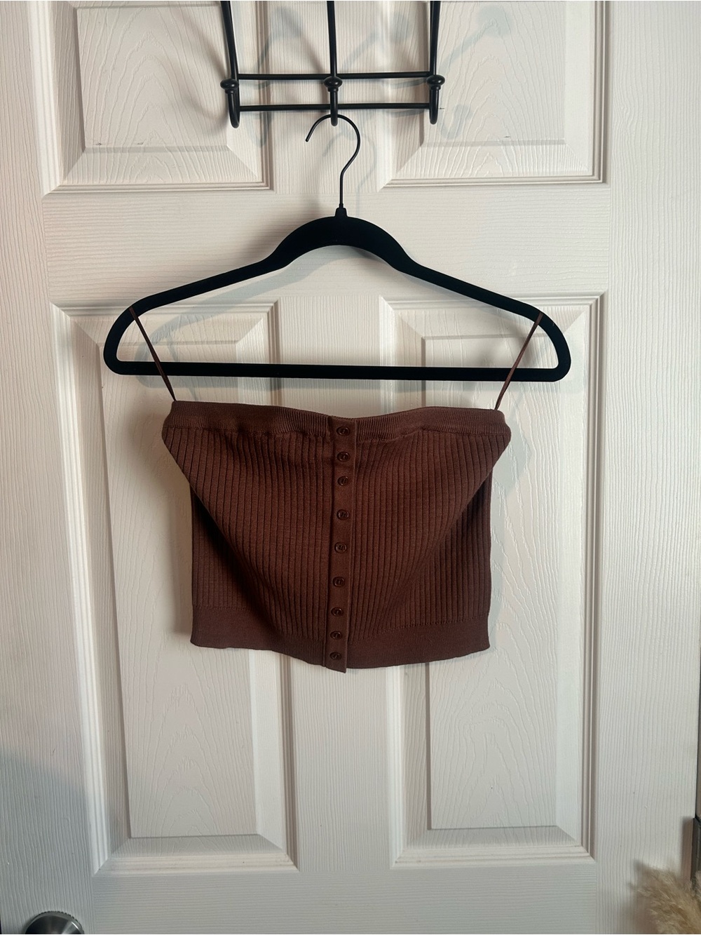 Tube Ribbed Button-Front Crop Top - Brown - Picture 3 of 5